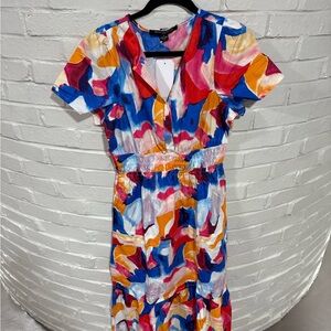 French Connection Blue and Orange Flutter Sleeve Maxi Sundress